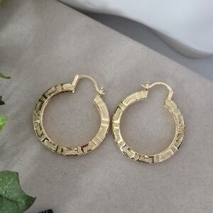Gold Hoop Earrings Greek Key Design 1 3/4"